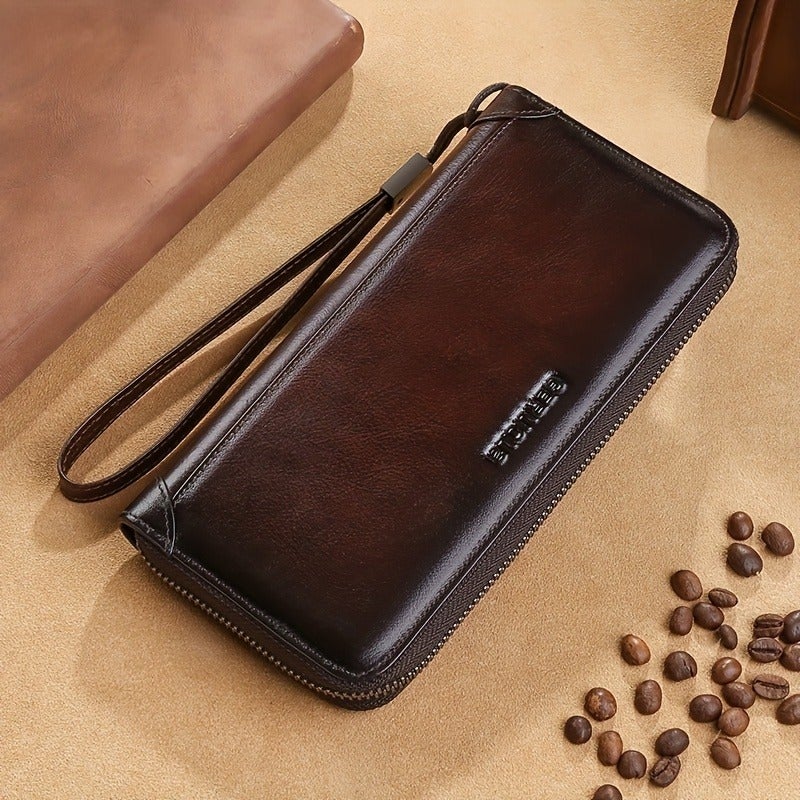 GERUOLA Men's Genuine Leather Long Wallet, Soft Cowhide Clutch, Travel Lightweight Luxury Simple Large Capacity Anti-Scan Gradient Coffee Color, Top Grain Cowhide, Large Capacity RFID Blocking Credit Card Holder, Portable for Work, Business, Commute, Office Gift, Anniversary, Couple, Birthday, Valentine's Day Gift, Leather Wallet, Father's Day Gift, Christmas, Thanksgiving Gift - Image 1