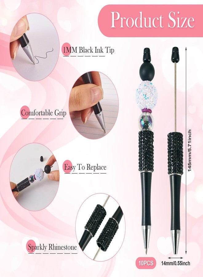 BB Beadthoven Beadthoven 10pcs Diamond Beadable Pens, Bling Rhinestone Beaded Pens DIY Plastic Bead Pen Crystal Shaft Black Ink Ballpoint Pens for DIY Pens Decorations Supplies Gift Office School - Black - Image 2