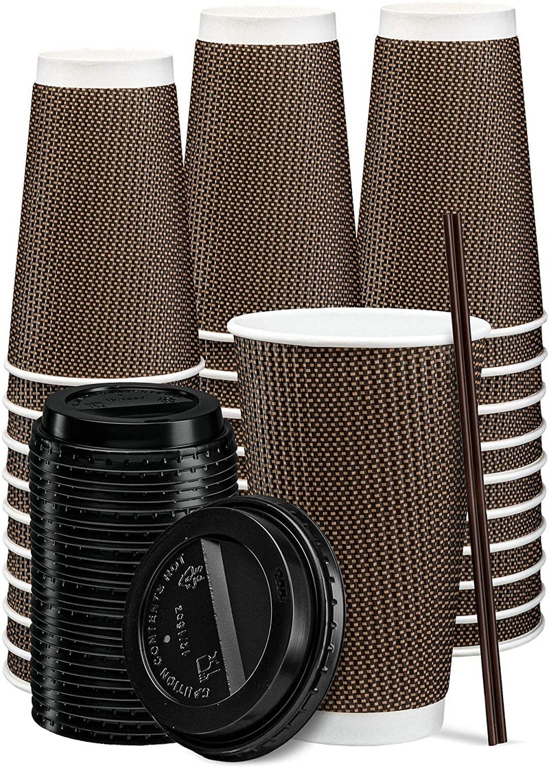 Gusto Comfy Package [16 oz. - 50 Sets Insulated Brown Patterned Ripple Paper Hot Coffee Cups With Lids (Lids Color May Vary) - Ideal for Hot Beverages  Travel  and Office Use - Image 2