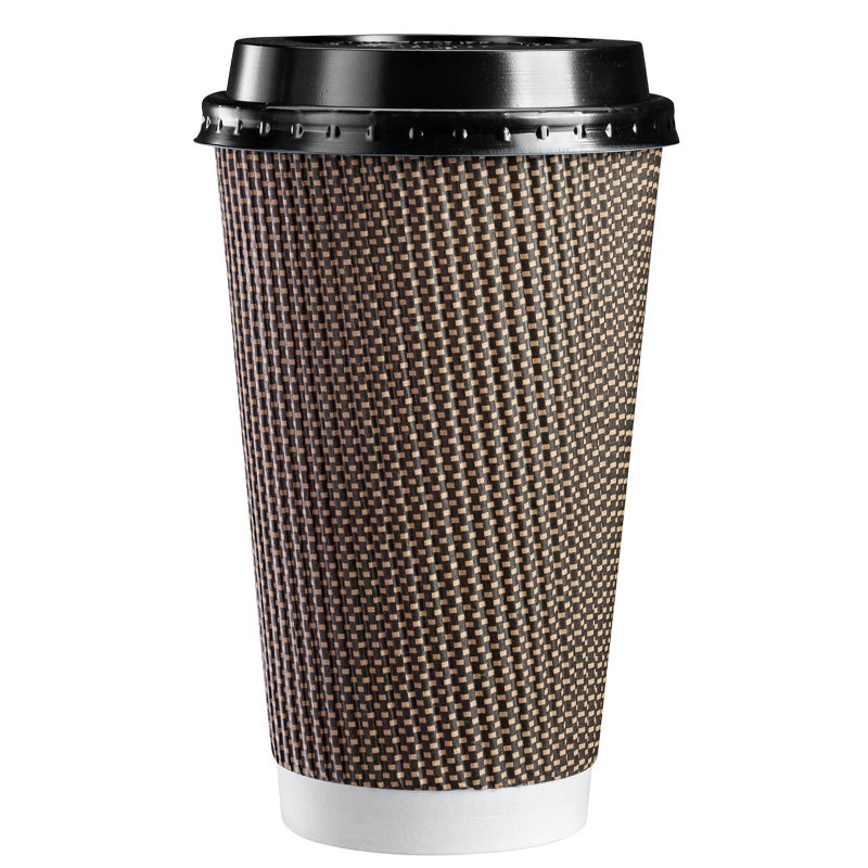 Gusto Comfy Package [16 oz. - 50 Sets Insulated Brown Patterned Ripple Paper Hot Coffee Cups With Lids (Lids Color May Vary) - Ideal for Hot Beverages  Travel  and Office Use - Image 1