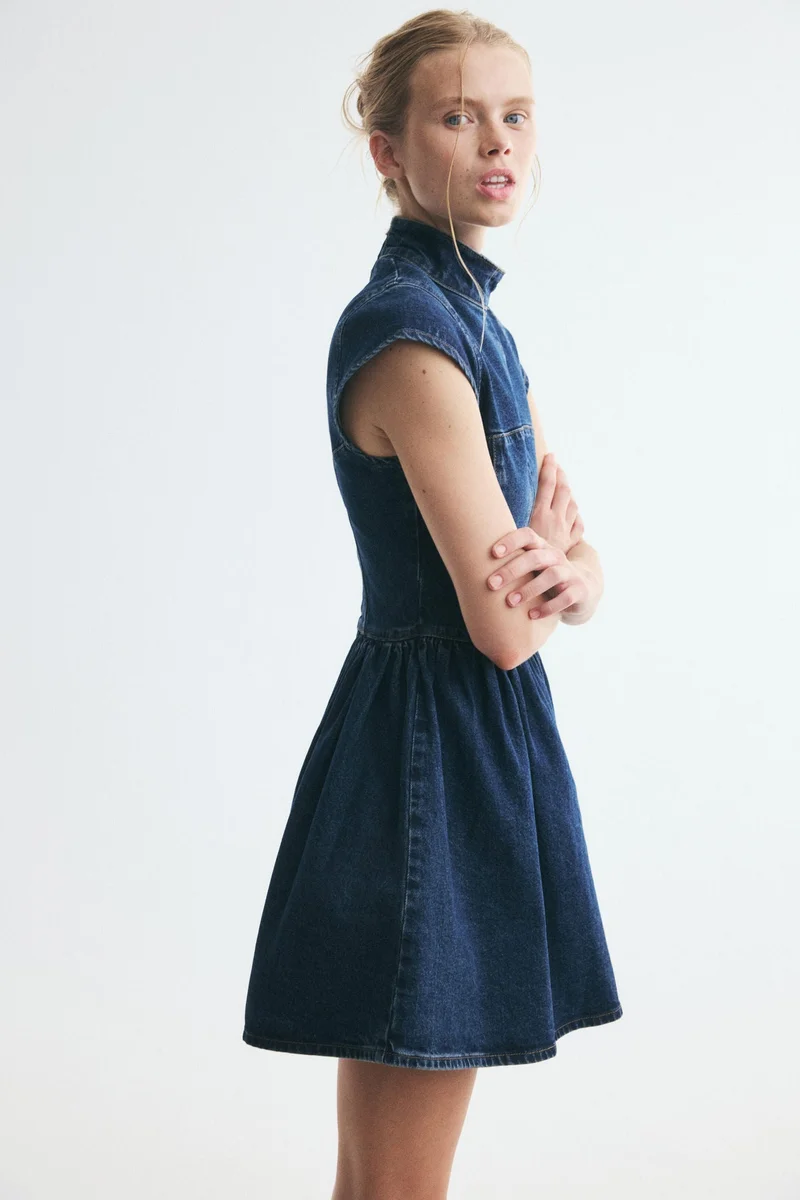 Flared-skirt denim dress