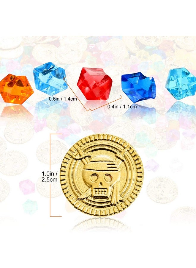 Skylety Pirate Treasure 100 Pieces Gold Coins and 100 Pieces Gem Jewelry Treasure Fake Gold Coins Toys for Pirate Party Decorations Halloween Adventure Themed Event Party Supplies - Image 2