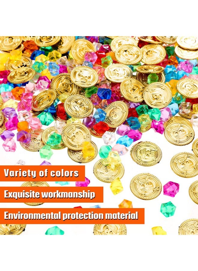 Skylety Pirate Treasure 100 Pieces Gold Coins and 100 Pieces Gem Jewelry Treasure Fake Gold Coins Toys for Pirate Party Decorations Halloween Adventure Themed Event Party Supplies - Image 3