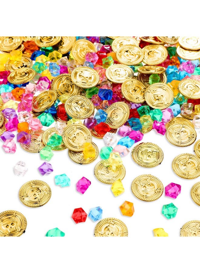 Skylety Pirate Treasure 100 Pieces Gold Coins and 100 Pieces Gem Jewelry Treasure Fake Gold Coins Toys for Pirate Party Decorations Halloween Adventure Themed Event Party Supplies - Image 1