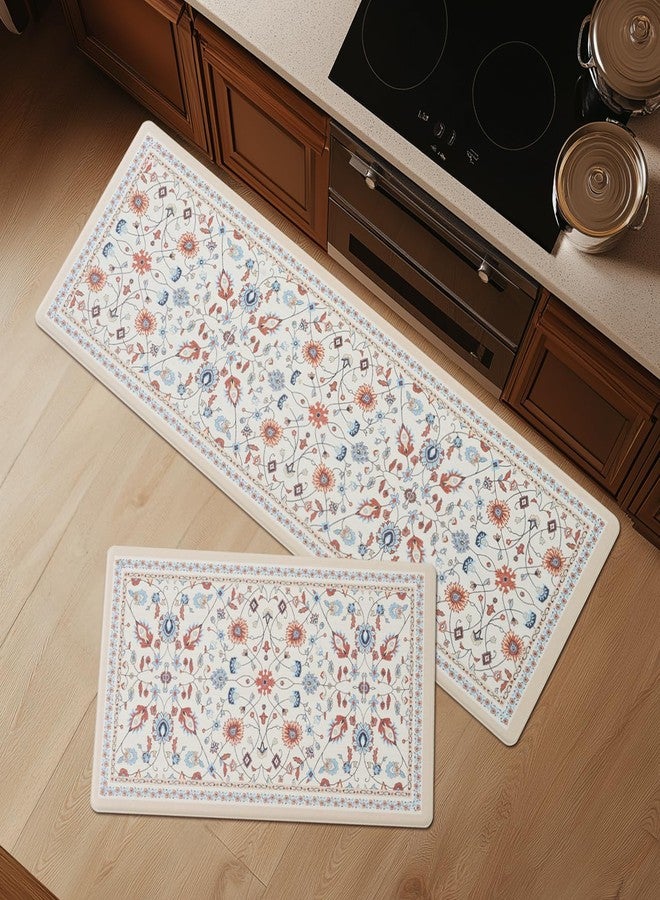 FRESHMINT Anti Fatigue Kitchen Mats for Floor 2 Piece Set, Waterproof & Non-Skid Vintage Floarl Kitchen Rugs, Cushioned Kitchen Mat for Standing Washable Comfort Desk Kitchen Runners, 17x30''+17x47'' - Image 1