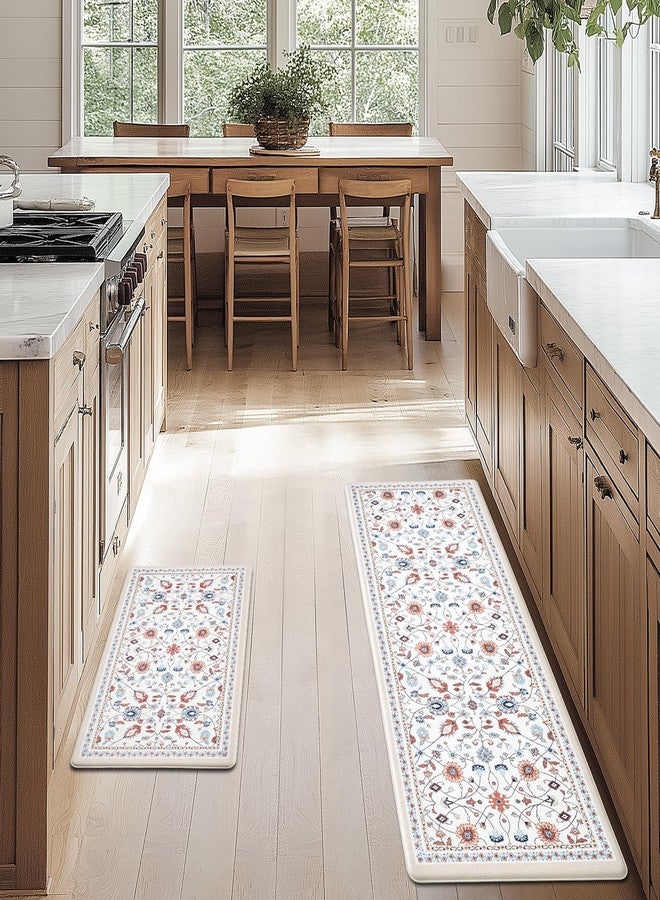 FRESHMINT Anti Fatigue Kitchen Mats for Floor 2 Piece Set, Waterproof & Non-Skid Vintage Floarl Kitchen Rugs, Cushioned Kitchen Mat for Standing Washable Comfort Desk Kitchen Runners, 17x30''+17x47'' - Image 2
