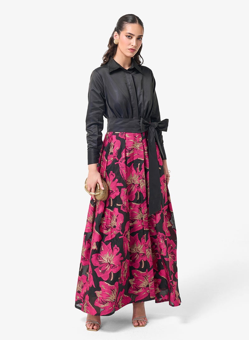 Threadz by Ajooni Belted Long Sleeve Shirt Maxi Dress - Image 1