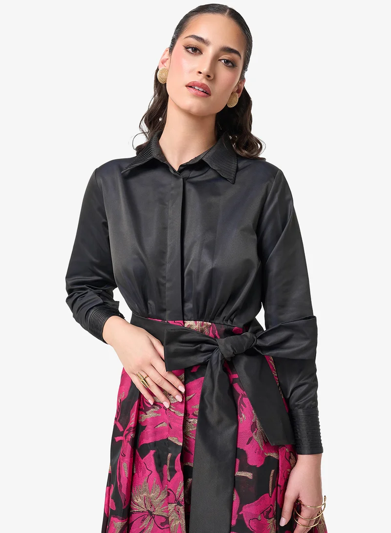 Threadz by Ajooni  Belted Long Sleeve Shirt Maxi Dress for Women | Best Price UAE