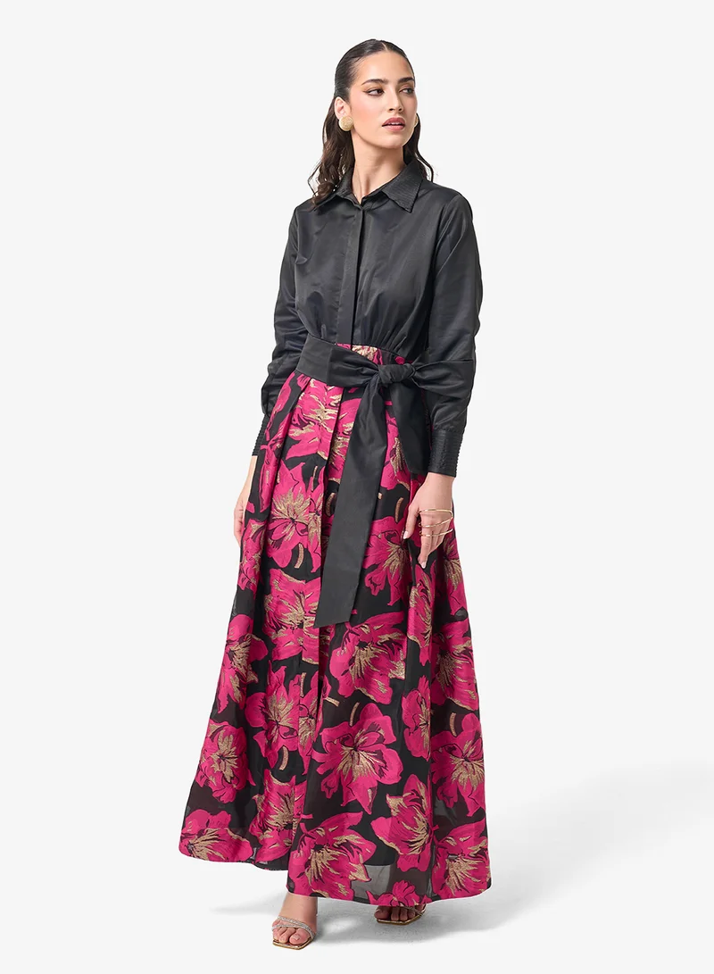 Threadz by Ajooni  Belted Long Sleeve Shirt Maxi Dress for Women | Best Price UAE