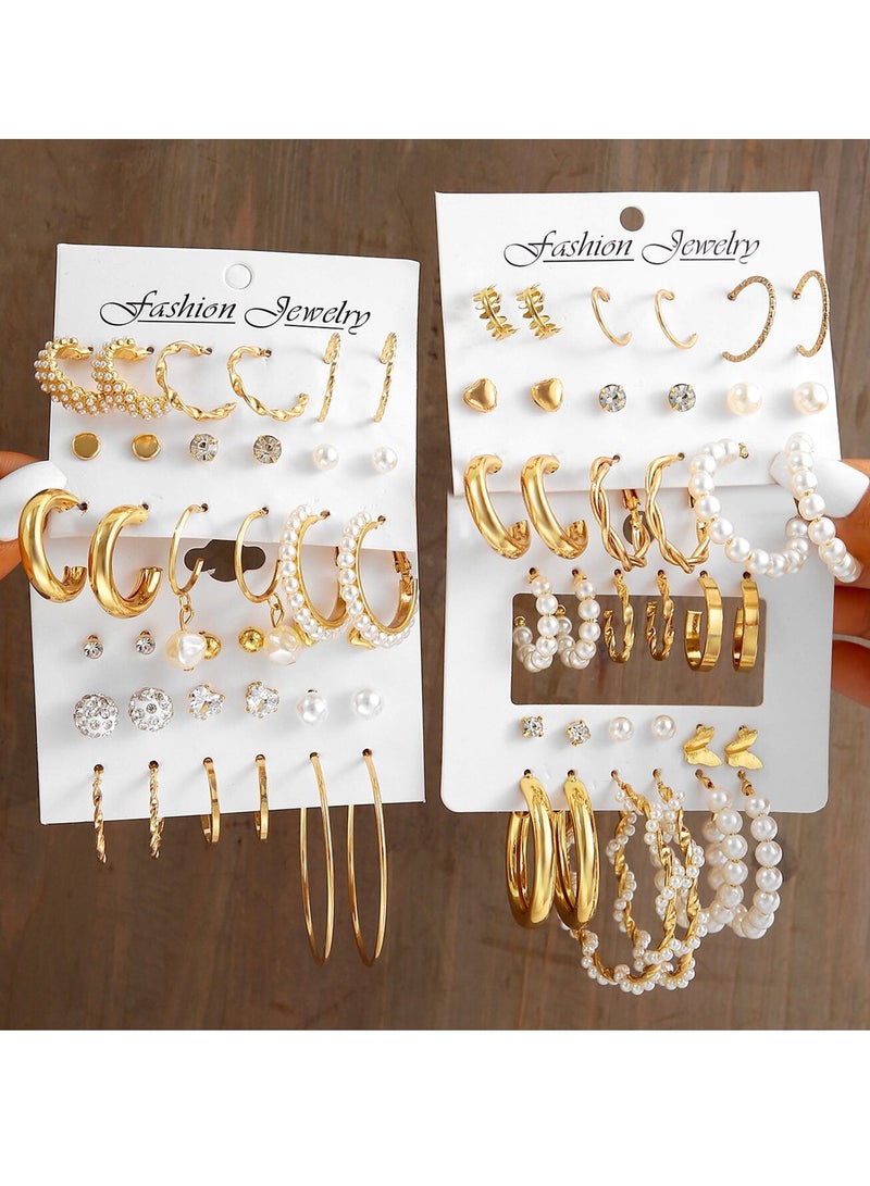 فاشون جيوليري مجموعة من 36 زوجًا من أقراط الأذن الدائرية الذهبية للنساء، مجموعة أقراط متدلية مفتوحة ملتوية بسلسلة سميكة مضادة للحساسية