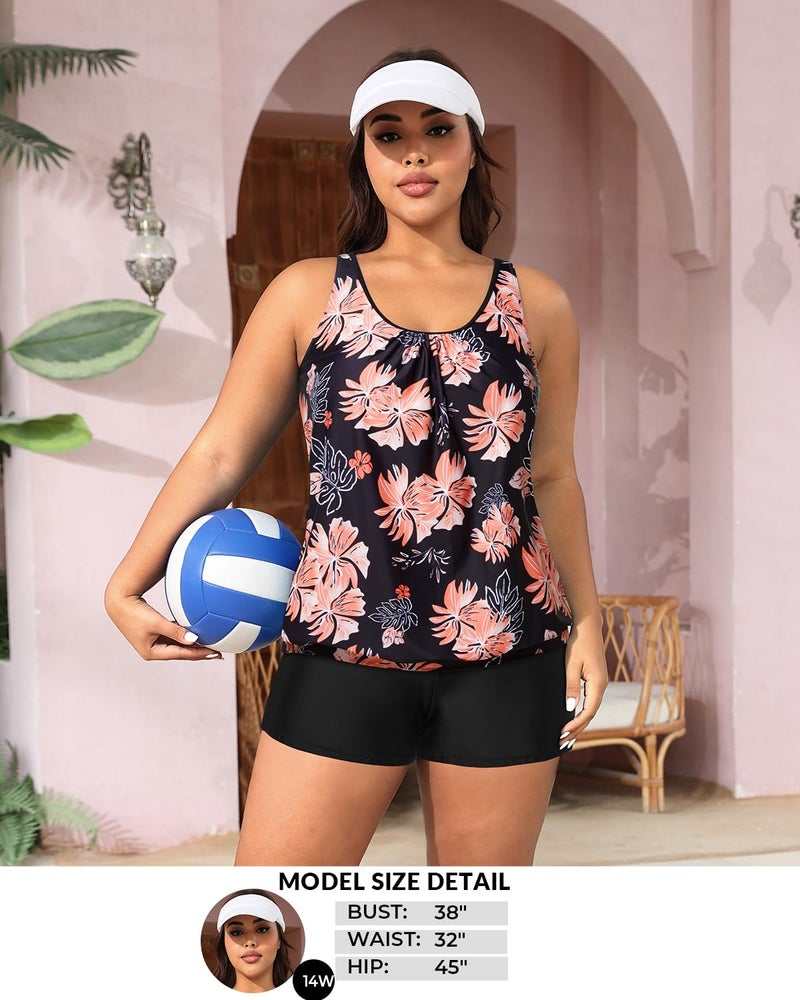 Aqua Eve Two Piece Women's Tankini Swimsuits Blouson Swim Tank Top with Shorts Modest Bathing Suits Black Floral M - Image 5