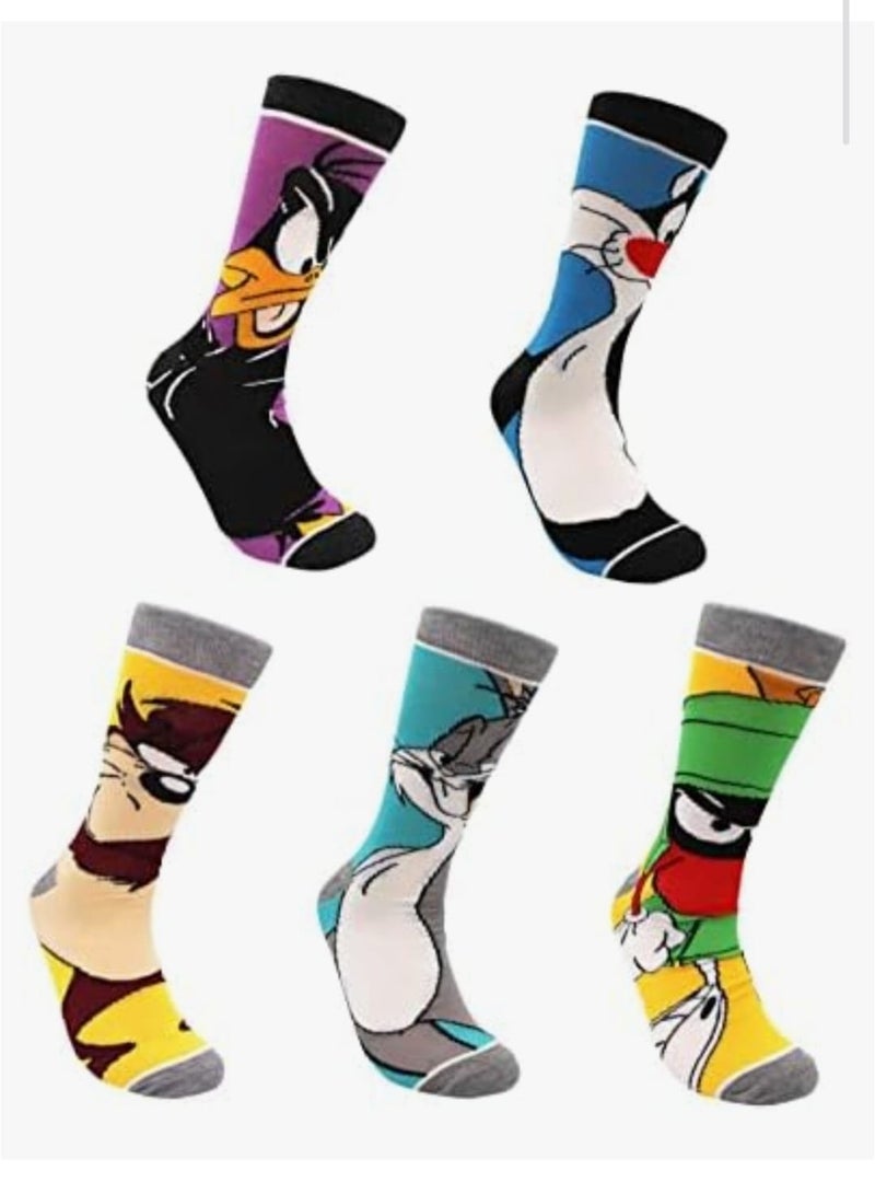 Looney Tunes Characters Crew Socks, 5-Pack Set, Daffy Duck, Bugs Bunny, Sylvester, Marvin the Martian, Taz, Set of 5 Free Size Socks for Both Girls and Boys - Image 1