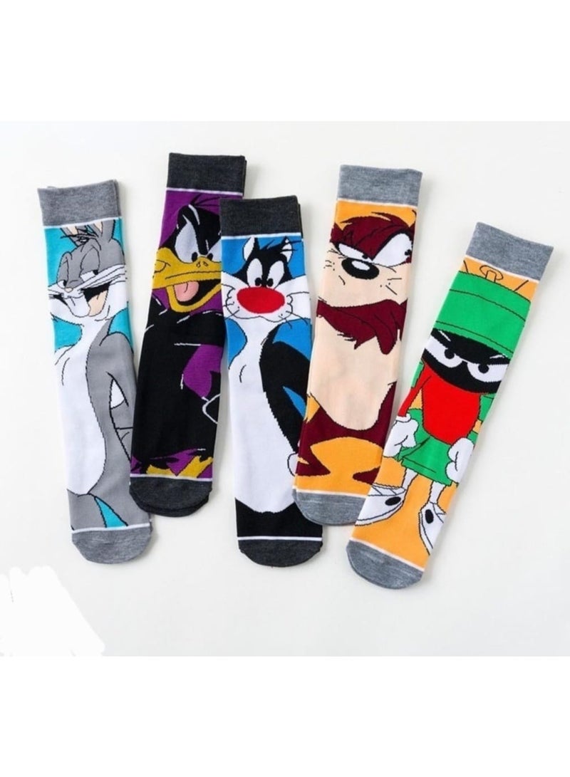Looney Tunes Characters Crew Socks, 5-Pack Set, Daffy Duck, Bugs Bunny, Sylvester, Marvin the Martian, Taz, Set of 5 Free Size Socks for Both Girls and Boys - Image 2