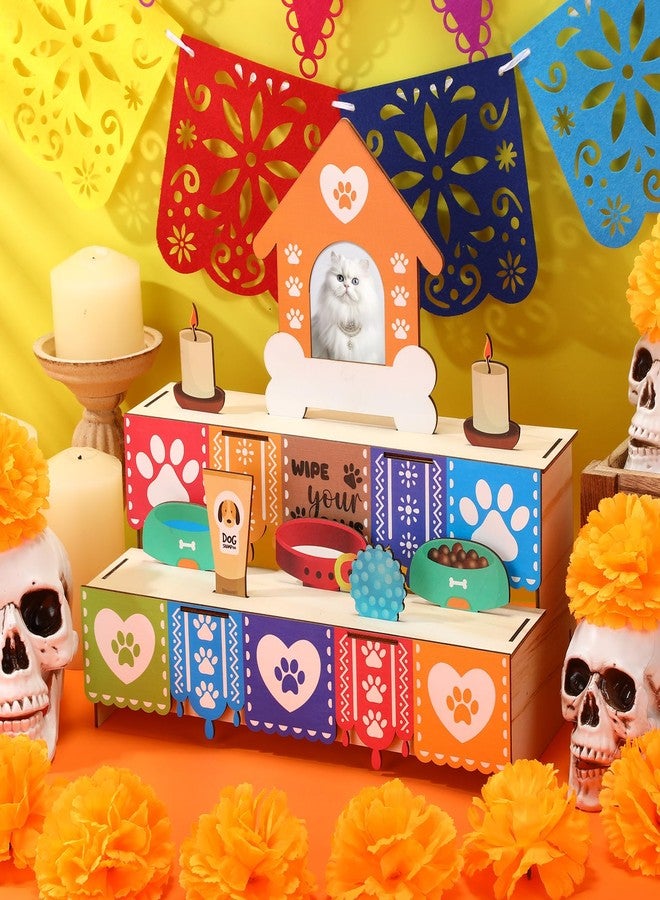 Leinuosen Dia De Los Muertos Ofrenda Altar Day of The Dead Decoration Cat Memorial Set Including Wooden Box Kit Cat Bowl Toy Photo Frame Candles for Mexican Picado Fiesta Pet Loss Remembrance Supplies - Image 4