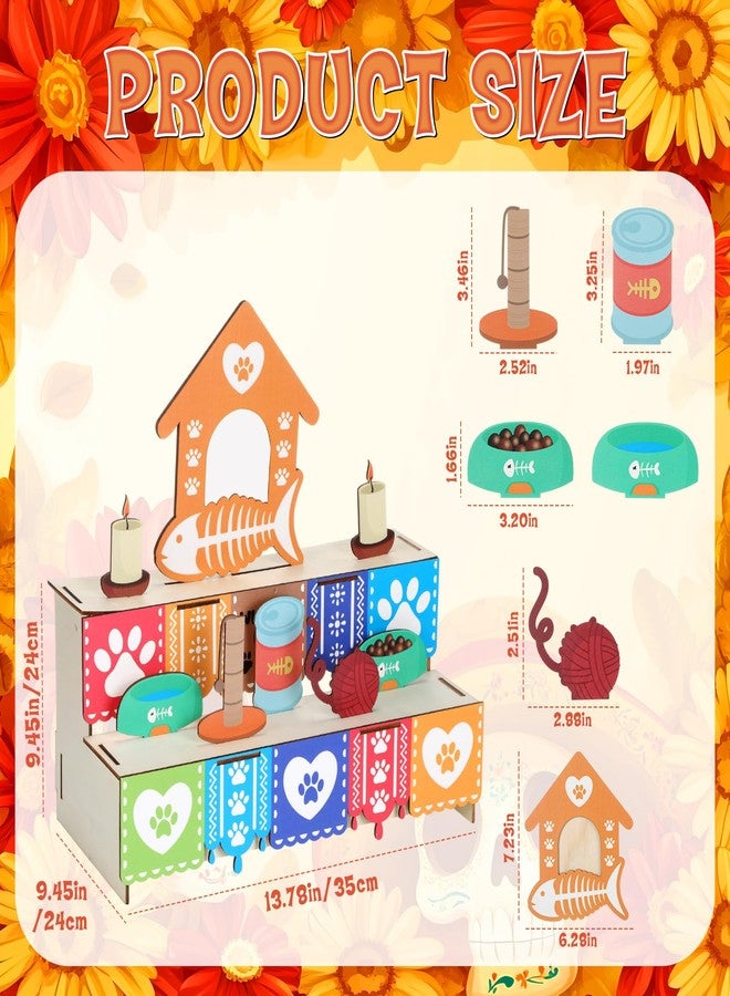 Leinuosen Dia De Los Muertos Ofrenda Altar Day of The Dead Decoration Cat Memorial Set Including Wooden Box Kit Cat Bowl Toy Photo Frame Candles for Mexican Picado Fiesta Pet Loss Remembrance Supplies - Image 2