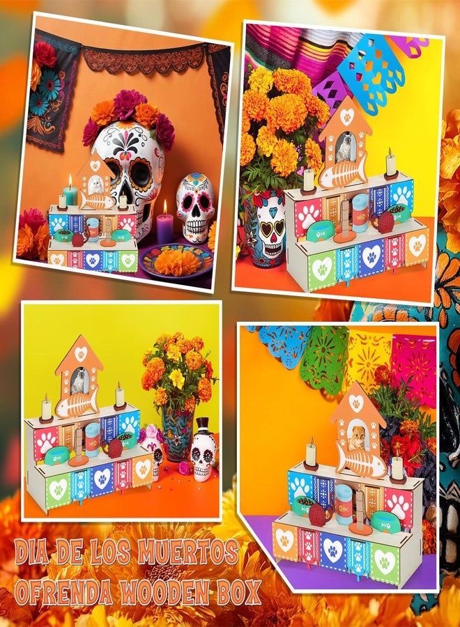 Leinuosen Dia De Los Muertos Ofrenda Altar Day of The Dead Decoration Cat Memorial Set Including Wooden Box Kit Cat Bowl Toy Photo Frame Candles for Mexican Picado Fiesta Pet Loss Remembrance Supplies - Image 5