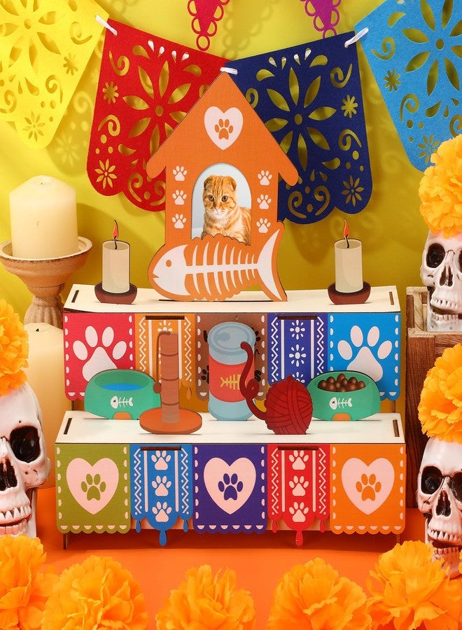 Leinuosen Dia De Los Muertos Ofrenda Altar Day of The Dead Decoration Cat Memorial Set Including Wooden Box Kit Cat Bowl Toy Photo Frame Candles for Mexican Picado Fiesta Pet Loss Remembrance Supplies - Image 1