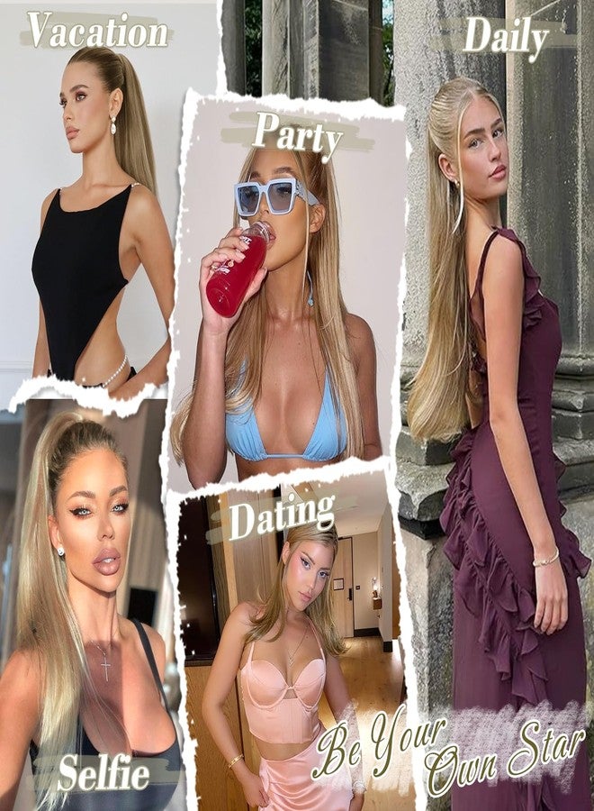 BARSDAR Light Ash Blonde Straight Ponytail Extension - 24 Inch Long Straight Wrap Around Ponytail for Women, Clip in Ponytails Hair Extensions Synthetic Blonde Pony Tails Hairpieces Daily - Image 4