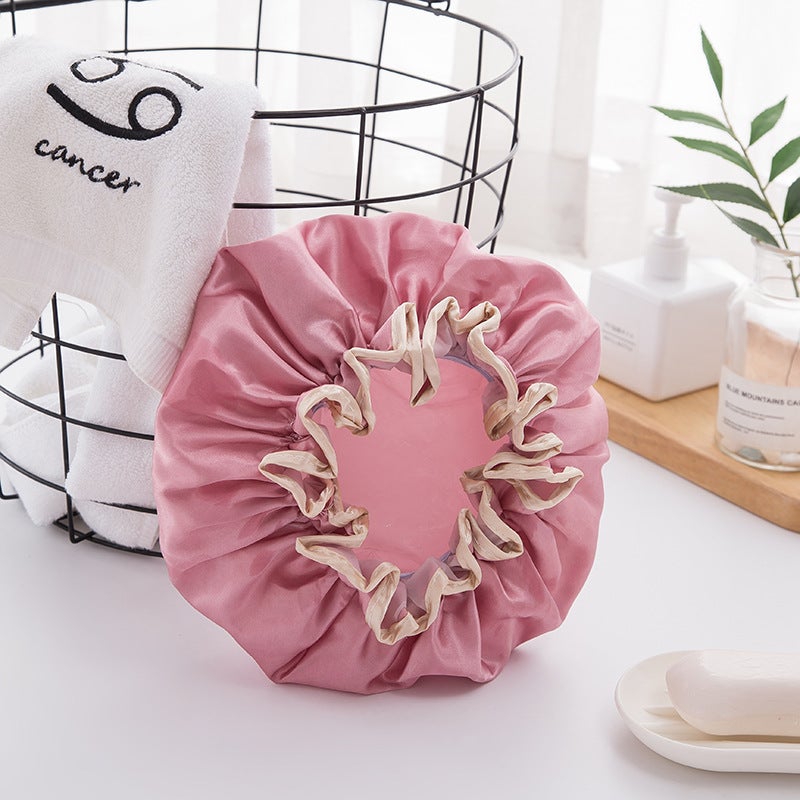 Household double-layer waterproof shower cap PEVA thickened womens oil-proof shampoo bath cap Bean paste powder 