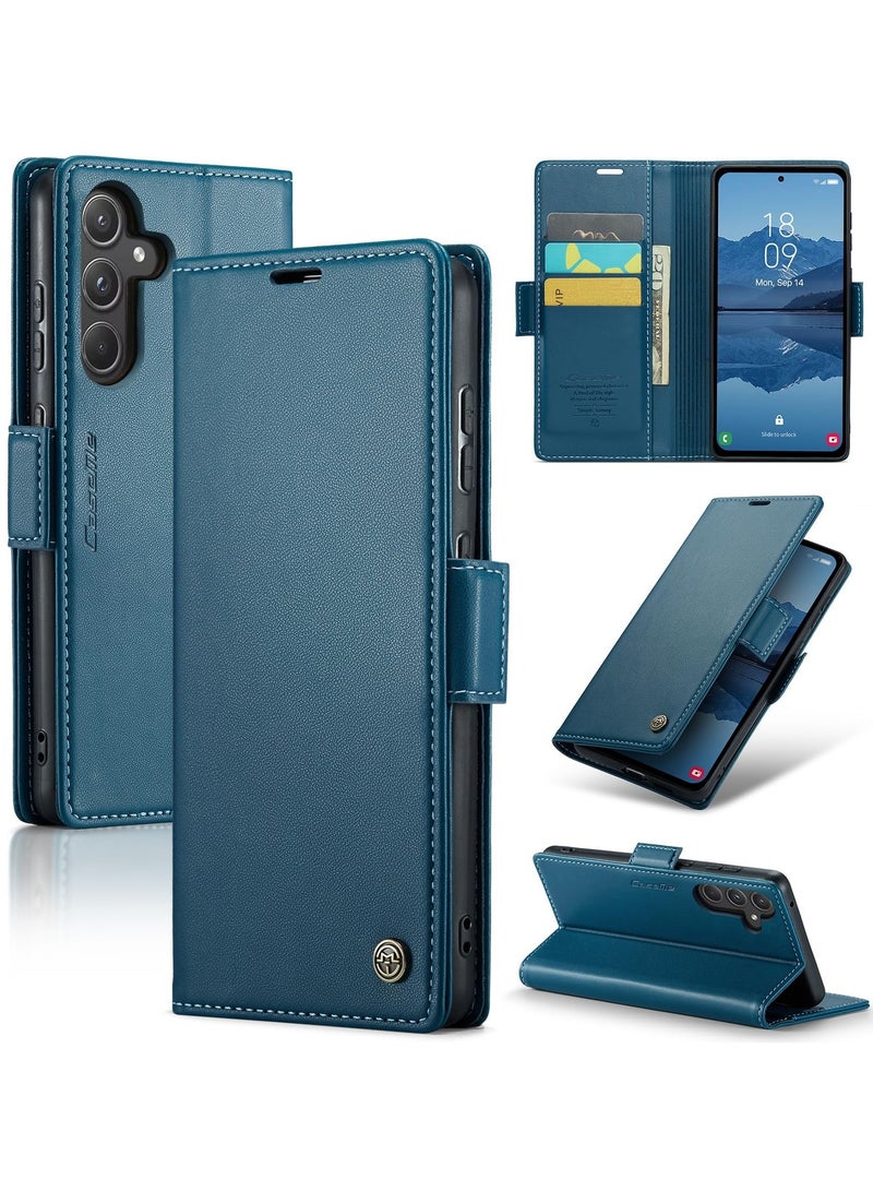 CaseMe Phone Case Luxury PU Leather Design Anti Fingerprint 023 Flip Cover Card Slot Holder Cover For Samsung Galaxy A35 (Blue) - Image 1