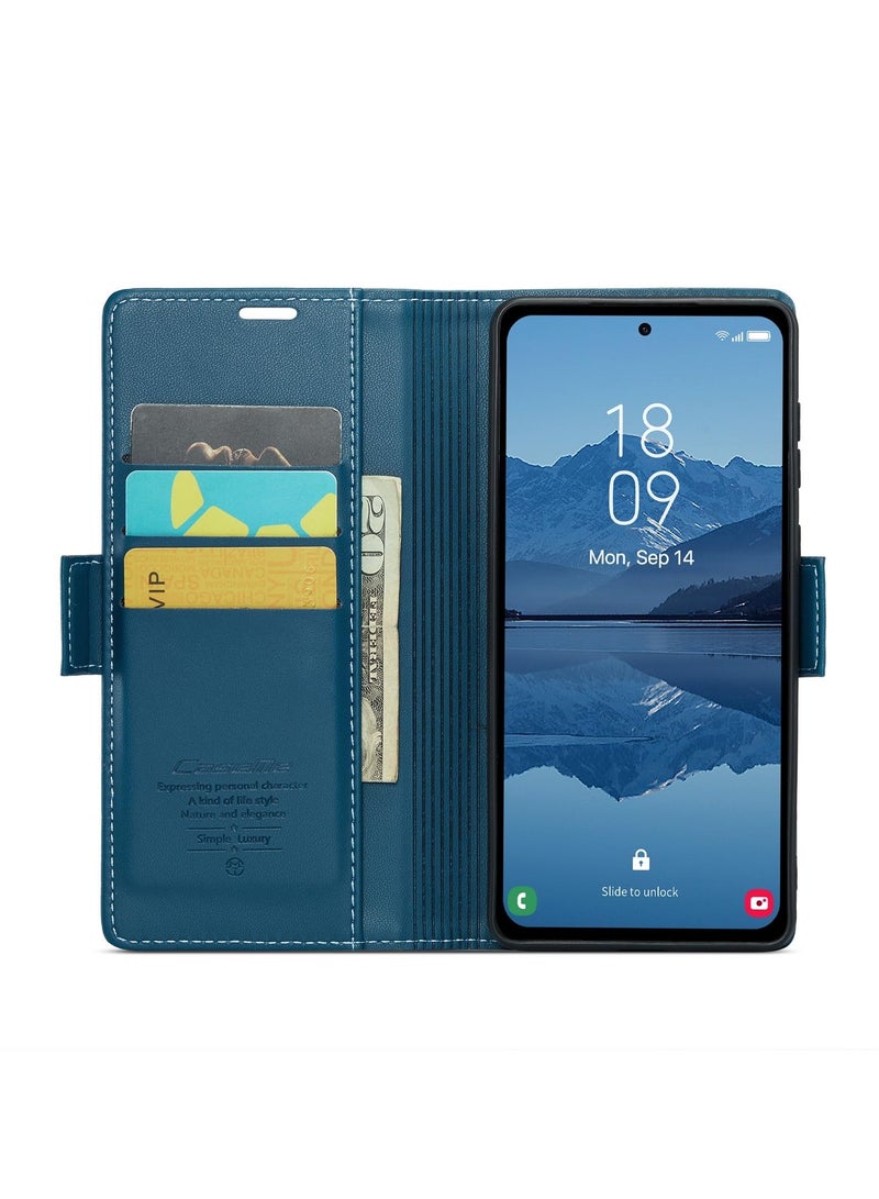 CaseMe Phone Case Luxury PU Leather Design Anti Fingerprint 023 Flip Cover Card Slot Holder Cover For Samsung Galaxy A35 (Blue) - Image 2