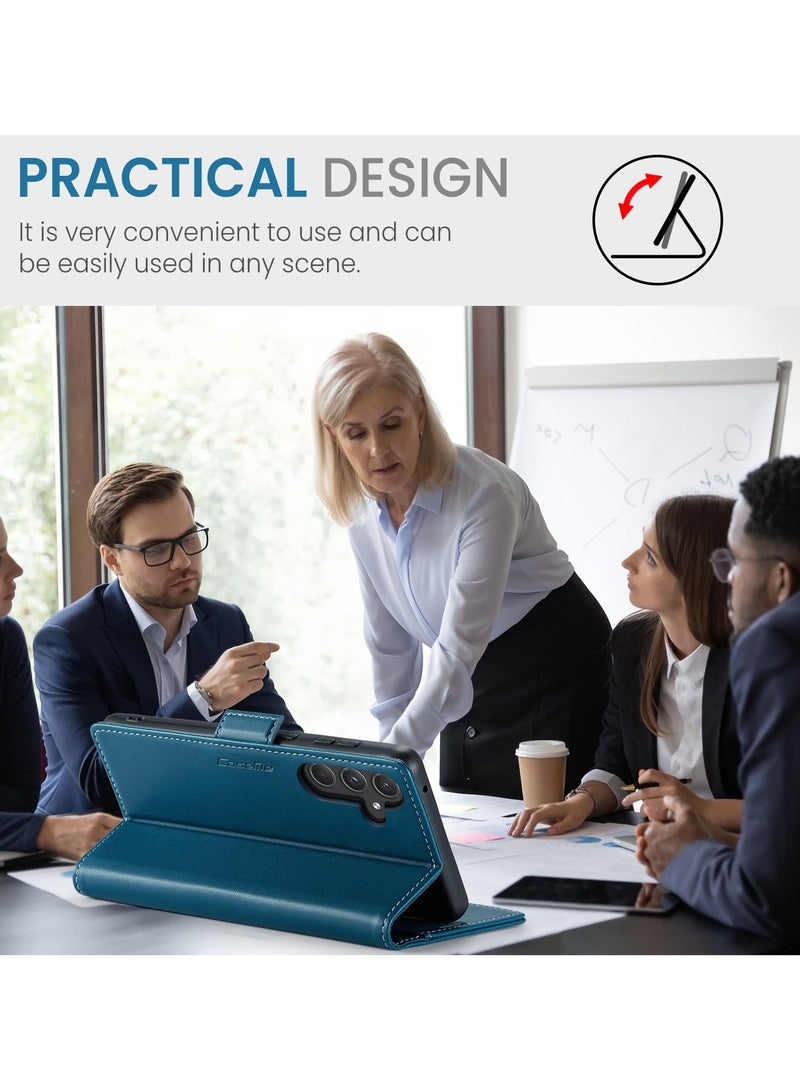 CaseMe Phone Case Luxury PU Leather Design Anti Fingerprint 023 Flip Cover Card Slot Holder Cover For Samsung Galaxy A35 (Blue) - Image 3