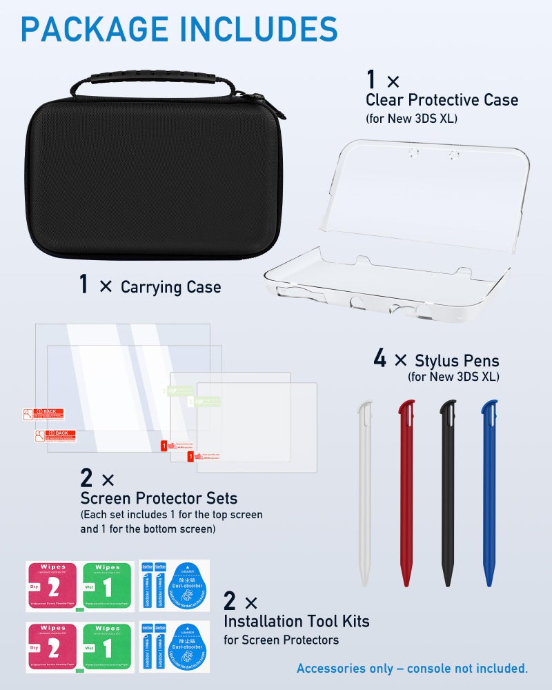 BSUZUN 4-in-1 Accessories Kit for Nintendo New 3DS XL/LL – Full Protection Bundle Includes Carrying Case, Clear Hard Shell, 4 Stylus Pens & 2 Sets of Screen Protectors Compatible with New 3DS XL/LL Console - Image 3