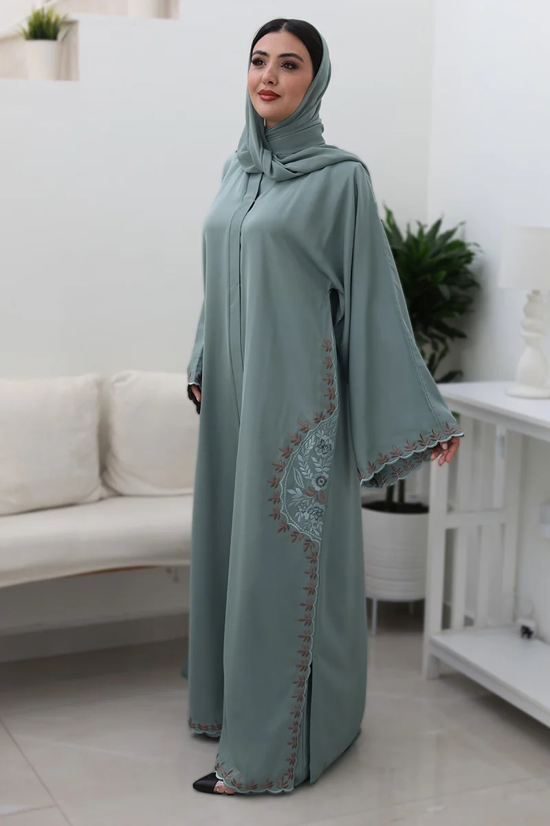 النخبة Sage floral embroidery Abaya -740