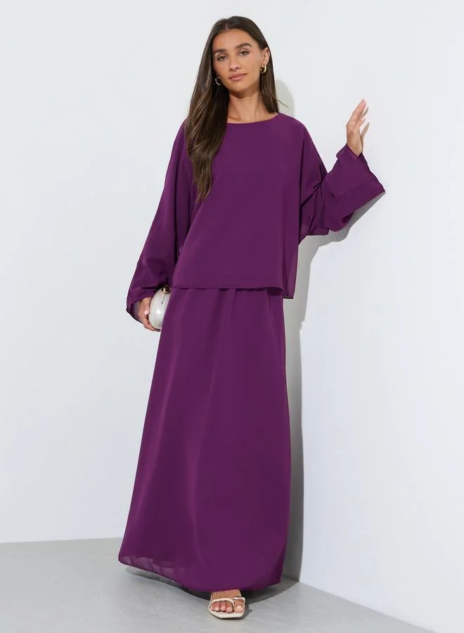 Styli Purple Solid Chiffon Long Sleeves Top and Pleated A-Line Maxi Skirt Set