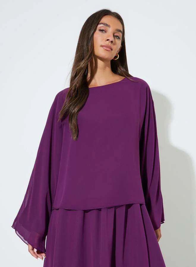 Styli Purple Solid Chiffon Long Sleeves Top and Pleated A-Line Maxi Skirt Set