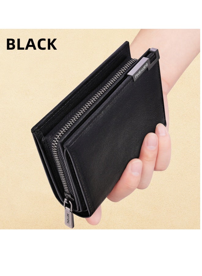 banyanu Men's Genuine Leather First Layer Cowhide Wallet, Large Capacity with Multi-Card Slots in One, Black - Image 1