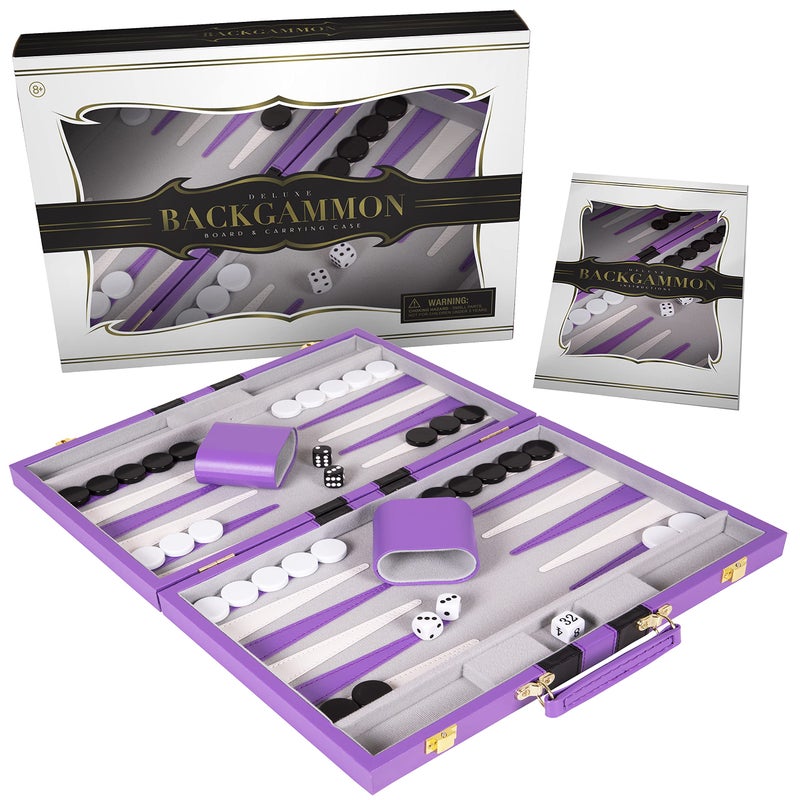 Crazy Games Premium Backgammon 15 Inches Medium Purple - Backgammon Sets for Adults and Kids - Leatherette Back Gammon Board Game Set - Travel Backgammon Set Board Encased with Accessories - Image 1