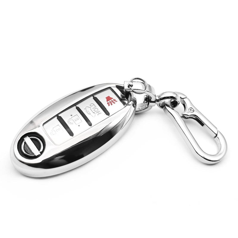 INFIPAR Fit for Nissan Z GTR Kicks Leaf Altima Armada Maxima Murano Pathfinder Rogue Sentra Titan Versa Frontier TITAN XD Rogue Sport Infiniti QX80 Key Fob Cover Case Shell Holder Accessories Silver