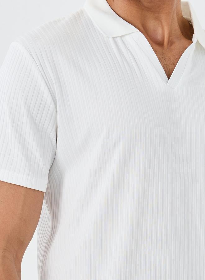 Styli White Textured Open Collar Regular Fit Polo