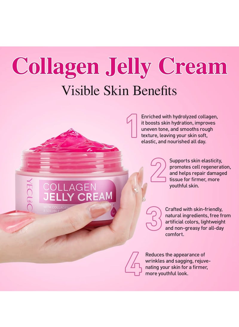 Yecuce 100ML Collagen Jelly Cream Moisturizer Skin Treatment Cream With Freeze-Dried Hydrolyzed Collagen Long-Lasting Hydration Elasticity Barrier Lifted Skin Look Anti Wrinkle Firming Gel  - Image 2