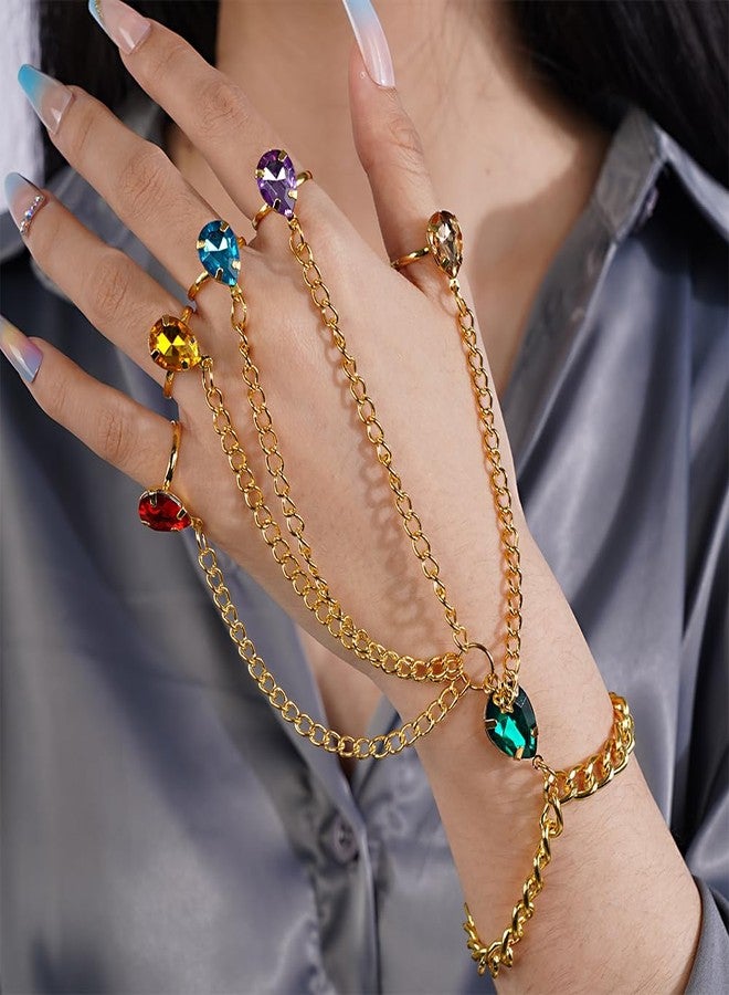 Aimimier Boho Colorful Crystal Finger Rings Link Hand Chain Bracelet Adjustable Gold Link Chain Slave Bracelet Indian Bollywood Hand Accessories for Women - Image 2