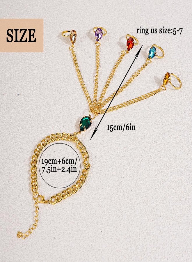 Aimimier Boho Colorful Crystal Finger Rings Link Hand Chain Bracelet Adjustable Gold Link Chain Slave Bracelet Indian Bollywood Hand Accessories for Women - Image 4