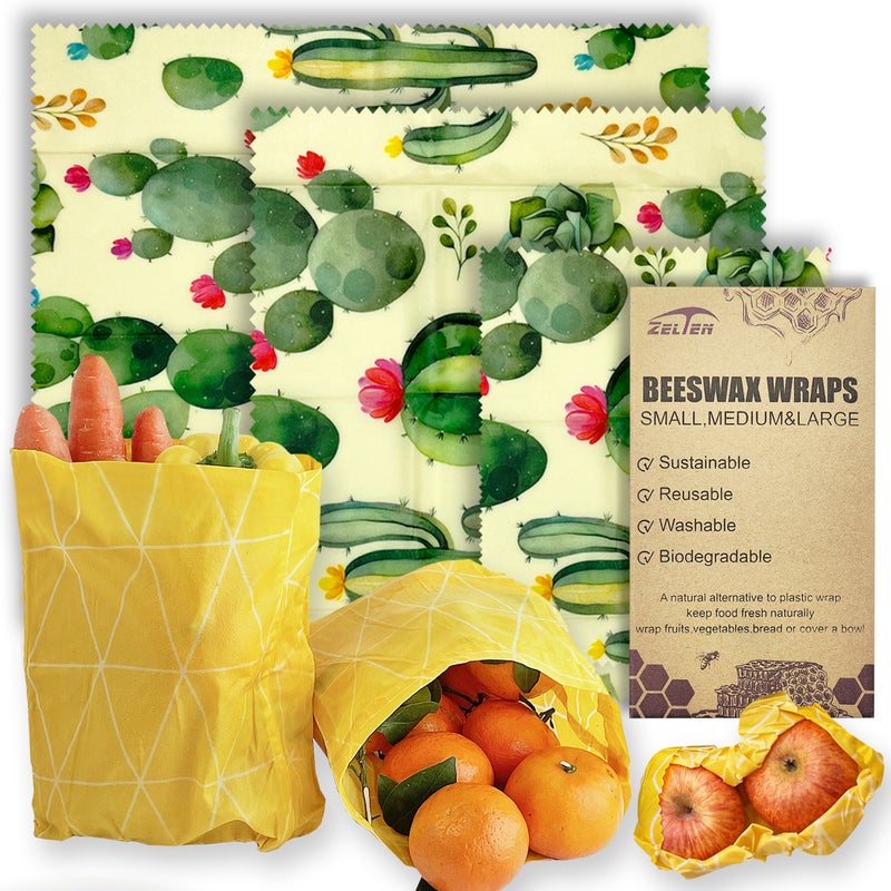 Zelten Beeswax Reusable Food Wraps - (3 Packs, 3 Sizes S,M,L) Plastic and Silicone Free, Eco-friendly Wrap, Wax Paper for Food,Cactus - Image 1