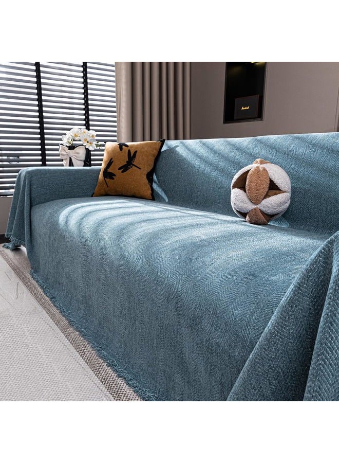 Nobildonna Chenille Couch Cover for Sofa Cover Washable Pet Scratch Couch Covers Tassel Sofa Slipcover for 2 Cushion Couch Furniture Protector Blanket for Living Room,Stone Blue 71"x118" - Image 1