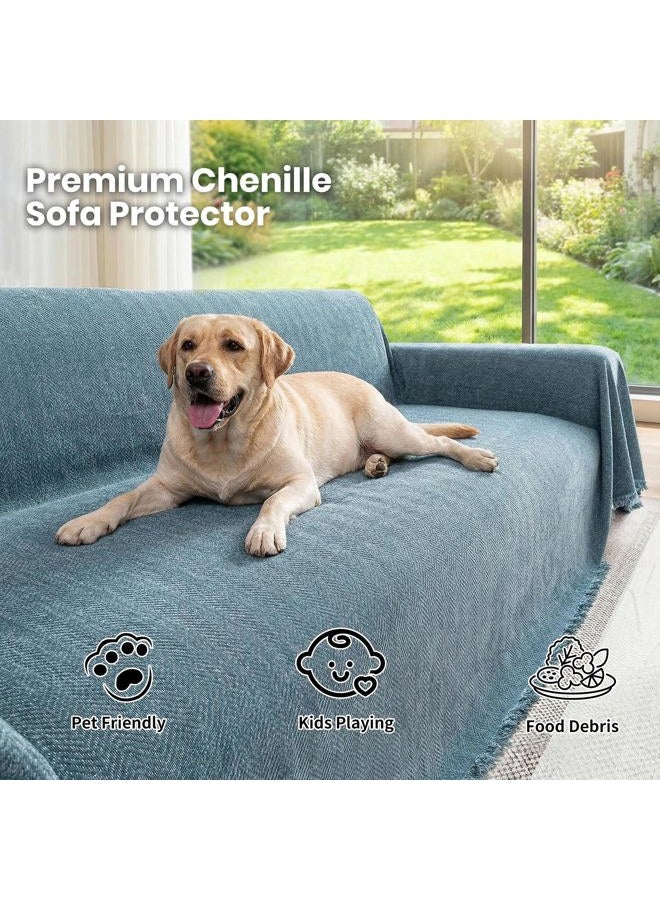 Nobildonna Chenille Couch Cover for Sofa Cover Washable Pet Scratch Couch Covers Tassel Sofa Slipcover for 2 Cushion Couch Furniture Protector Blanket for Living Room,Stone Blue 71"x118" - Image 2