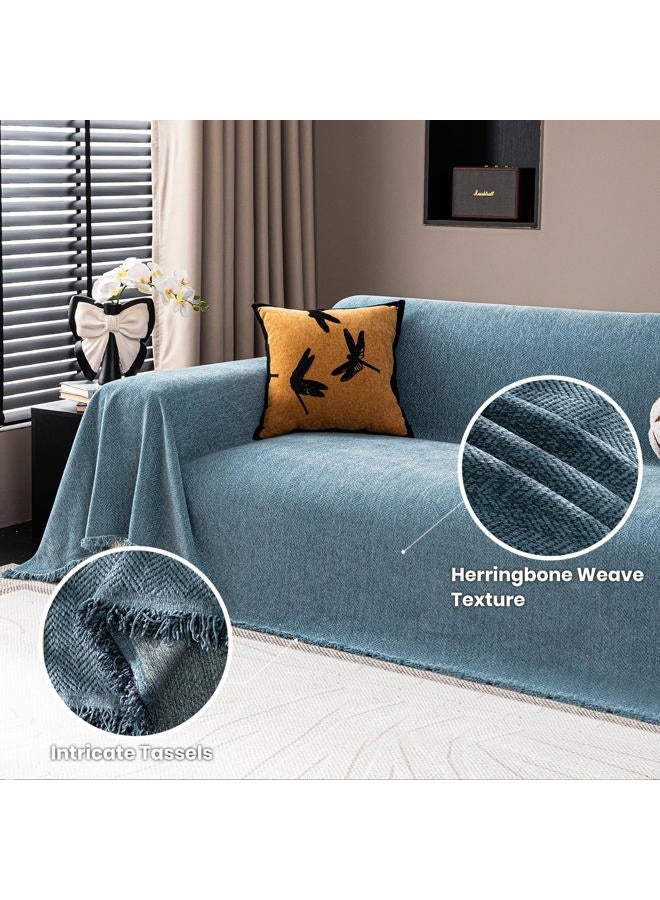 Nobildonna Chenille Couch Cover for Sofa Cover Washable Pet Scratch Couch Covers Tassel Sofa Slipcover for 2 Cushion Couch Furniture Protector Blanket for Living Room,Stone Blue 71"x118" - Image 3