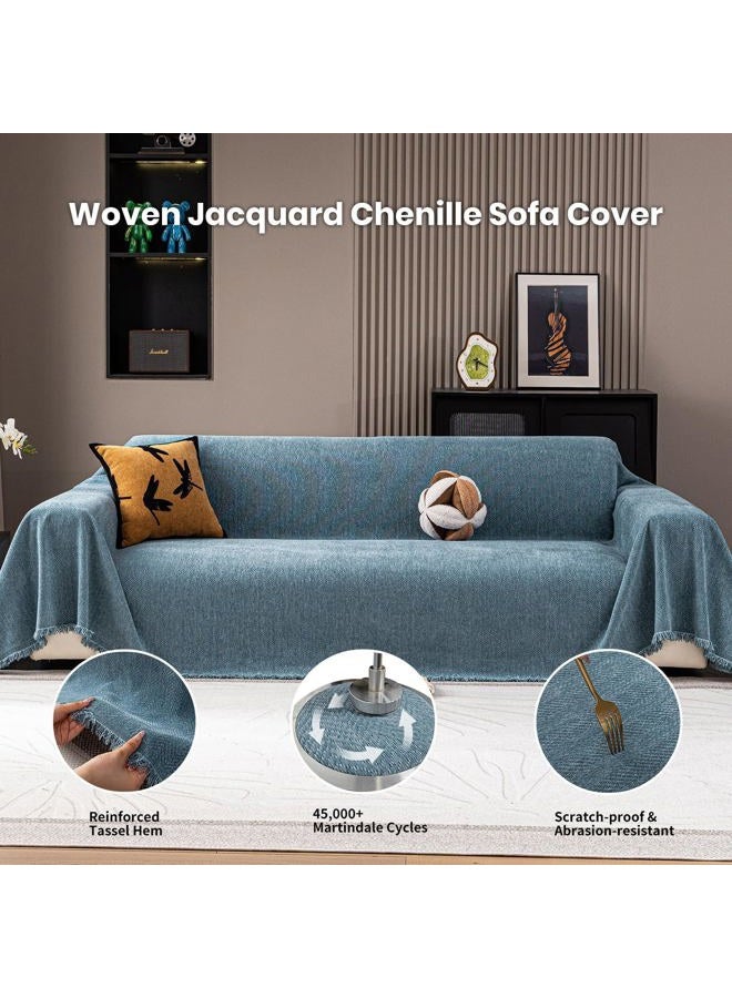 Nobildonna Chenille Couch Cover for Sofa Cover Washable Pet Scratch Couch Covers Tassel Sofa Slipcover for 2 Cushion Couch Furniture Protector Blanket for Living Room,Stone Blue 71"x118" - Image 4