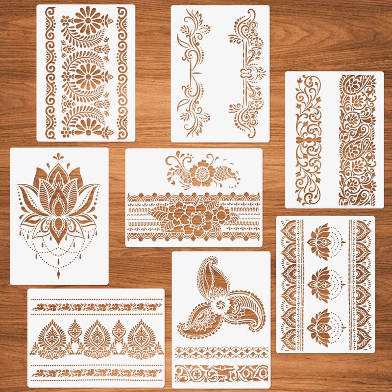 Flower Border Stencils 8 Pcs Mandala Stencils for Painting on Wood Canvas Paper Wall Mandala Border Reusable DIY Craft Stencils 83x118