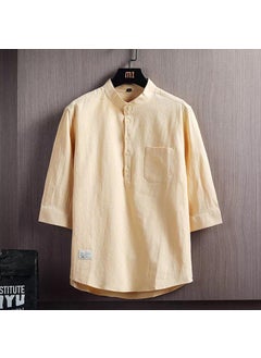 Casual Cotton Linen Shirt Mens Stand Collar Loose Fit Seven-Quarter Sleeve Outerwear Pure Color Polyester Fiber Spring Season Khakis (high quality)