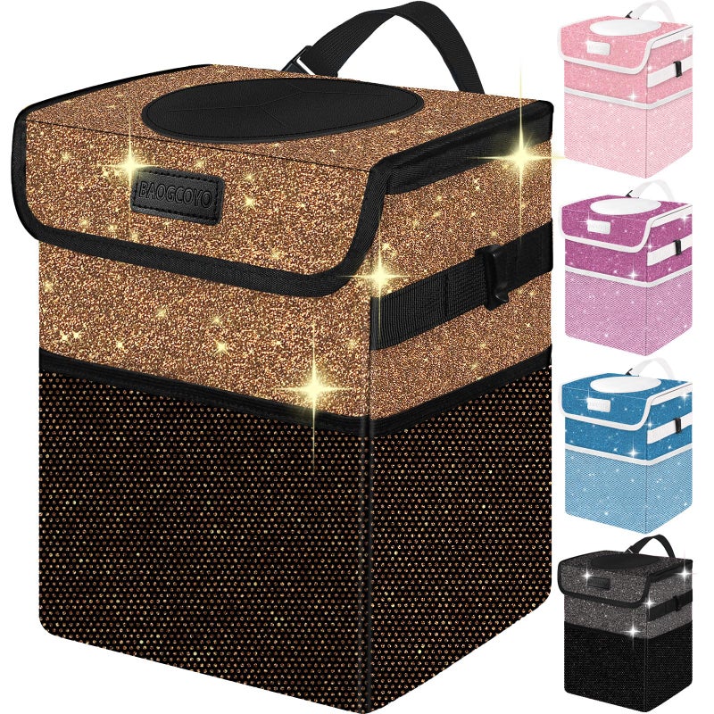 BAOGCOYO Cute Mini Car Trash Bag with Lid, Glitter Garbage Can Bin Hanging for Back/Front Seat/Console, Waterproof, Leakproof, 2.5 Gallon, Brown Bling Sparkly - Image 1