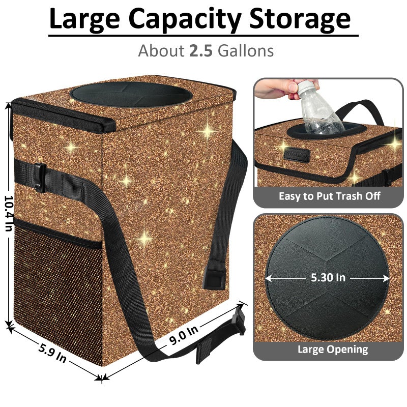 BAOGCOYO Cute Mini Car Trash Bag with Lid, Glitter Garbage Can Bin Hanging for Back/Front Seat/Console, Waterproof, Leakproof, 2.5 Gallon, Brown Bling Sparkly - Image 2