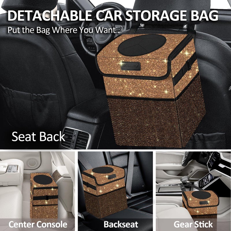 BAOGCOYO Cute Mini Car Trash Bag with Lid, Glitter Garbage Can Bin Hanging for Back/Front Seat/Console, Waterproof, Leakproof, 2.5 Gallon, Brown Bling Sparkly - Image 3
