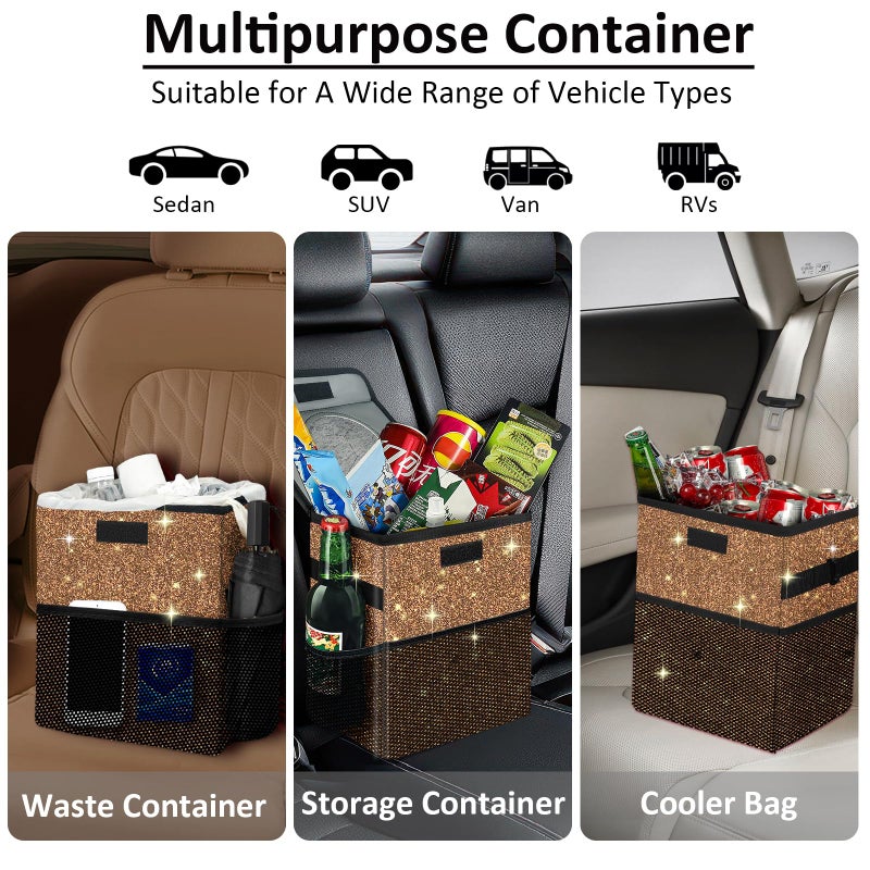 BAOGCOYO Cute Mini Car Trash Bag with Lid, Glitter Garbage Can Bin Hanging for Back/Front Seat/Console, Waterproof, Leakproof, 2.5 Gallon, Brown Bling Sparkly - Image 5