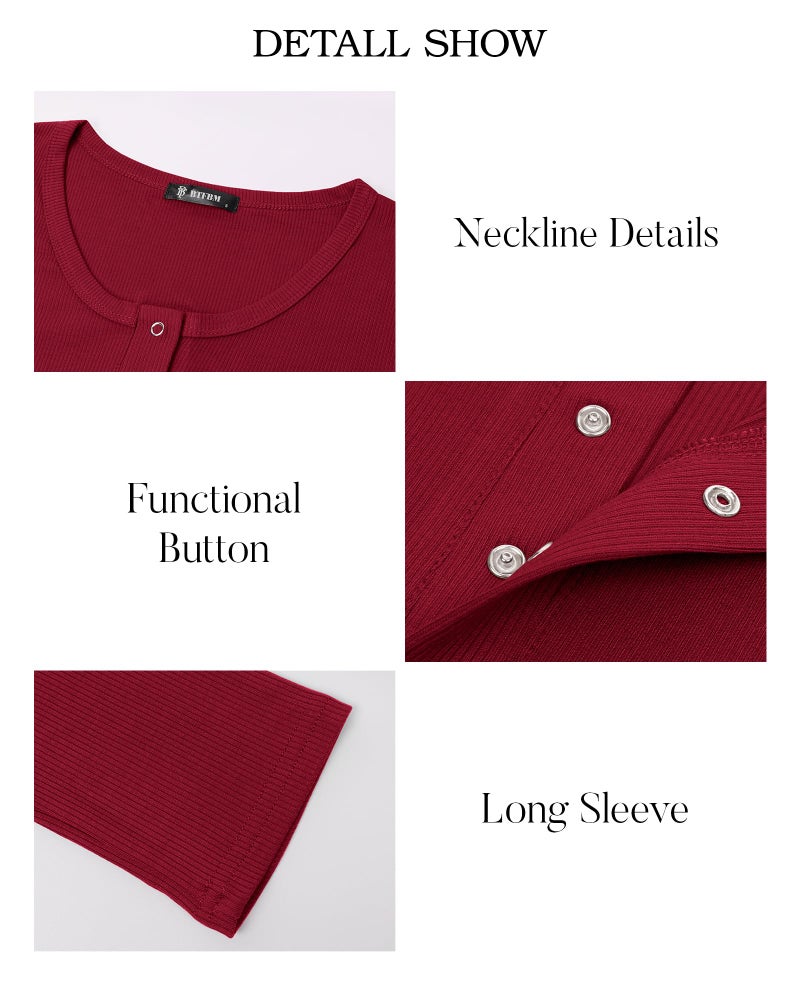 BTFBM Women Long Sleeve Shirts Fall Tops V Neck Button Up Henley Shirts Slim Fit Ribbed Knit Spring Casual T-Shirts 2026(Red,XX-Large) - Image 4
