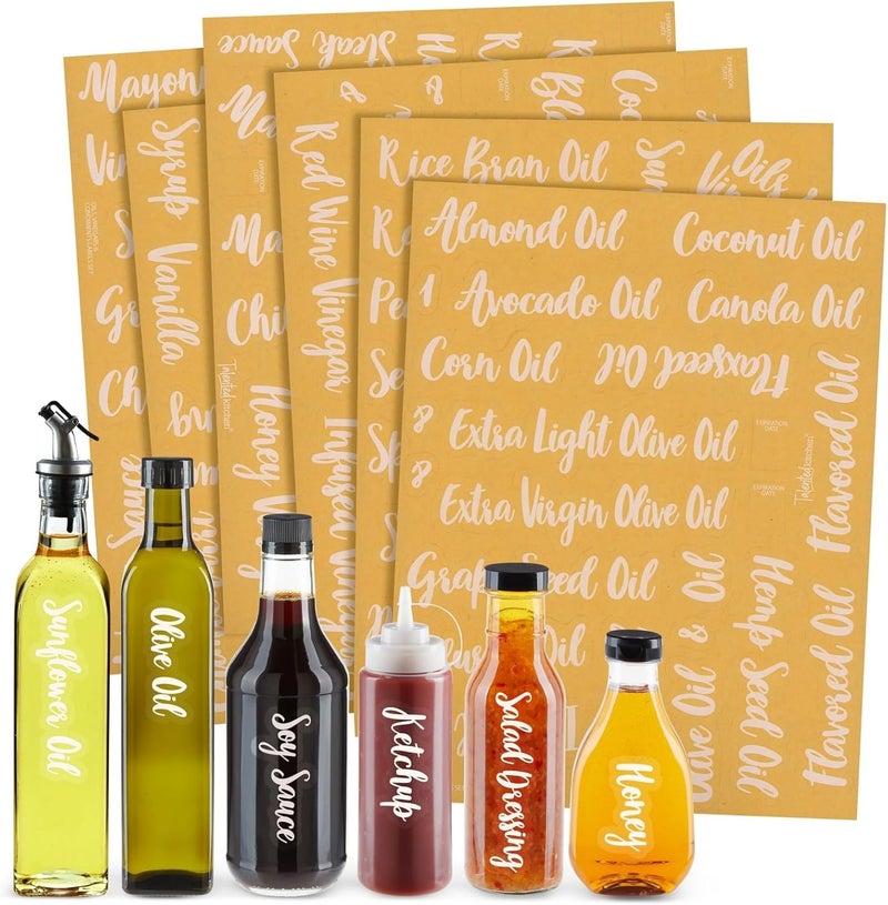 Talented Kitchen 132 White Cursive Oil and Vinegar Labels for Bottles, Clear Preprinted Condiments Stickers for Squeeze Dispensers, Kitchen Pantry Organization - Image 1